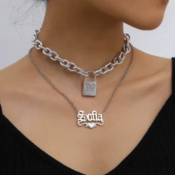 

Europe and America Cross Border Ornament Cool Hollow out Lettered Multilayer Necklace Vintage Lock Creative Micro Pave Small But