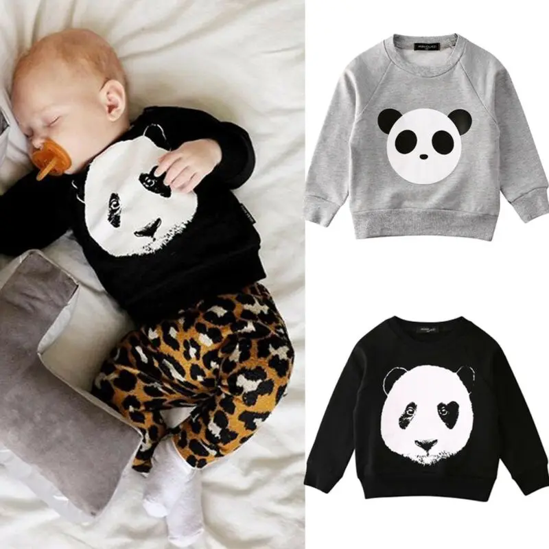 Toddler Baby Kids Boys Girls Clothes Panda Printed Long Sleeve Sweatshirts Top Winter Autumn Black Grey Casual Pullovers