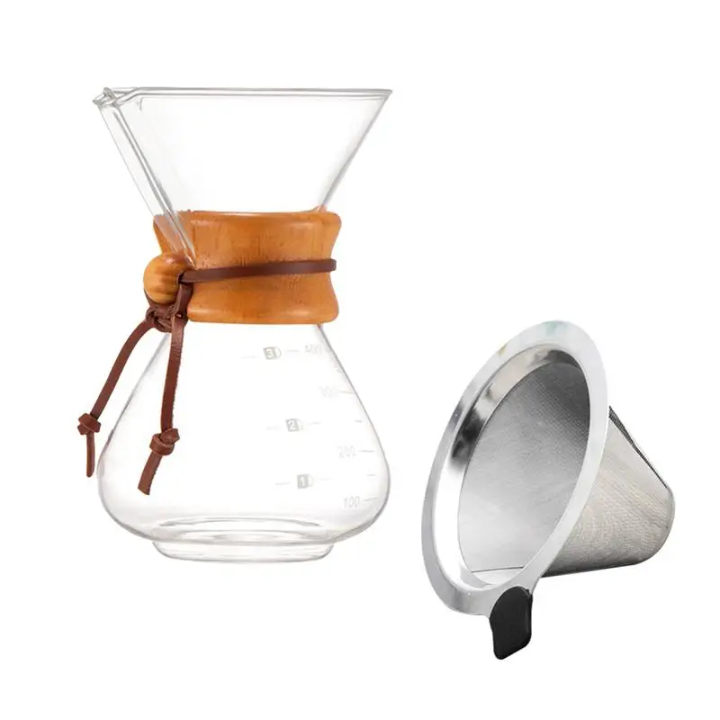 

400ml Glass Coffee Maker Hand Manual Coffee Brewing Dripper Coffeemaker With Wooden Collar And Stainless Steel Strainer