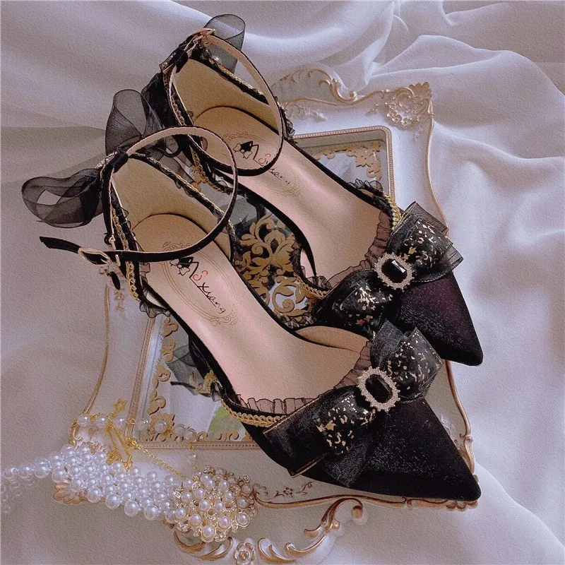 

Lolita High Heels Stiletto Sexy Women Shoes French Style Anime Cosplay Ladies Mesh Bowknot Pumps Party Evening Pointed-toe Shoes