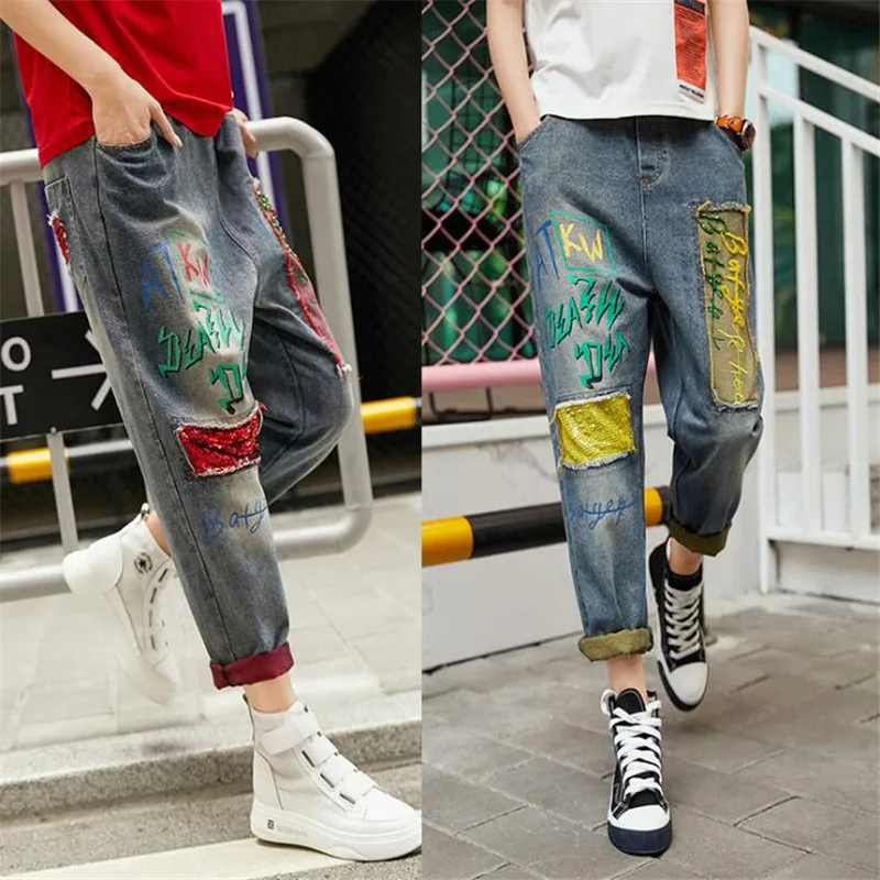 

2019 Autumn Elastic material Red sequined jeans female pants High Waist Jeans Pants Trousers Stitching letter print harem pants