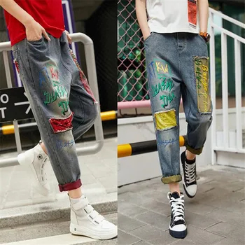 

2019 Autumn Elastic material Red sequined jeans female pants High Waist Jeans Pants Trousers Stitching letter print harem pants