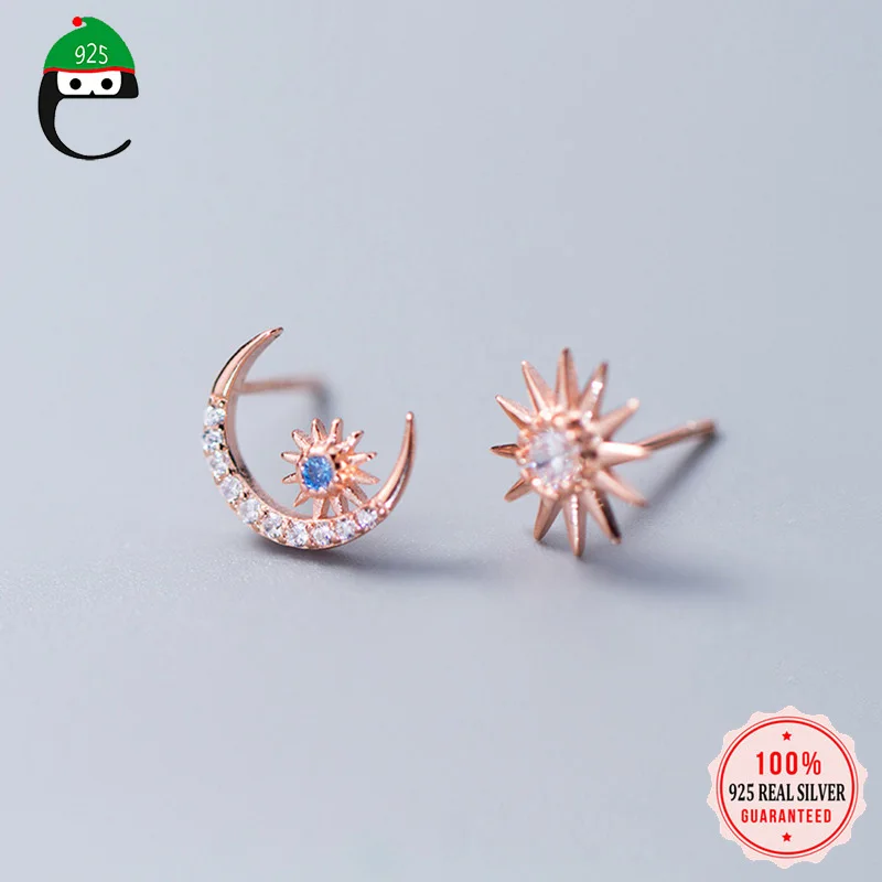 ElfoPlataSi,, 925 Твердое Настоящее серебро, 10 мм X 10 мм, солнце, луна, мерцающие серьги-гвоздики для женщин, серебряные ювелирные изделия XY1196