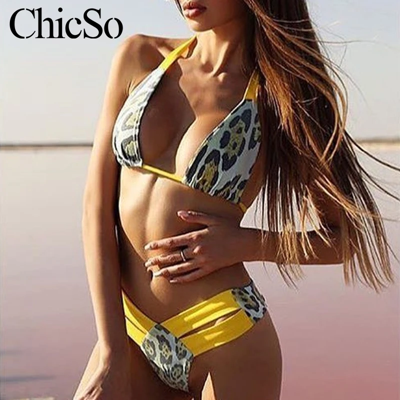 MissyChilli Sexy yellow two-piece suit lace up Bodysuit Women leopard print halter bodysuit Female summer swimwear bathing | Женская