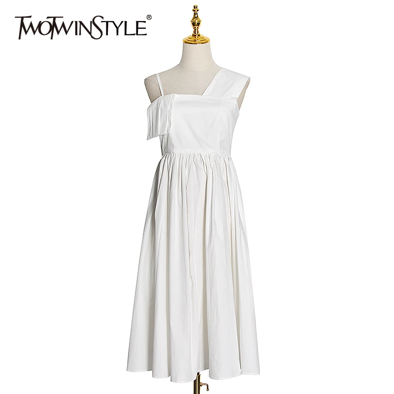 TWOTWINSTYLE Elegant Women Dress Asymmetrical One-shoulder Sleeveless High Waist Tunic Dresses Female Clothes 2020 Fashion Tide TWOTWINSTYLE Elegant Women Dress Asymmetrical One-shoulder Sleeveless High Waist Tunic Dresses Female Clothes 2020 Fashion Tide