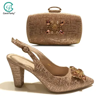 

2020 Italian design Rhinestone Shoes And Bag Set For Wedding Latest African Sandals Shoes And Matching Bag Set in Champagne