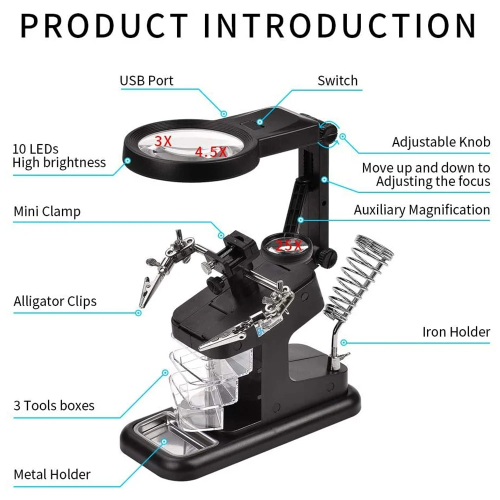 Soldering Iron Welding Magnifying Glass 2 LED 3X 4.5X 25X Helping Hand Rework Magnifier with 3 Tools Boxes Desk Station Repair