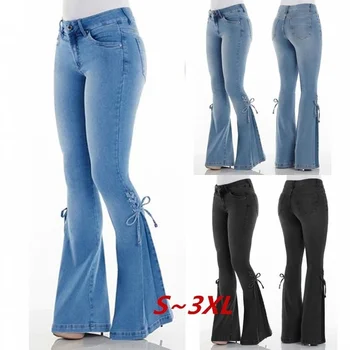 

Vintage Low Waist Elastic Flare Jeans Women Retro Style Bell Bottom Skinny Jeans Female Dark Blue Wide Leg Denim Pants Plus