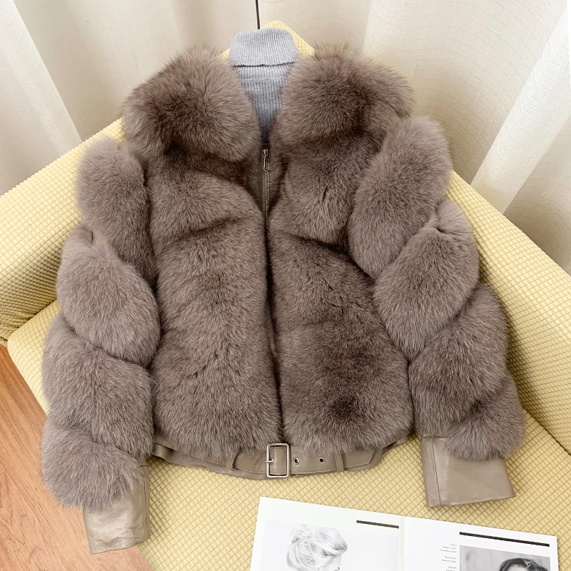 2022 New Locomotive Style Real Fox Fur Jackets Women Outwear Natural Fox Fur Coat Genuine Sheep Leather Fur Coats With Zipper