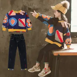 Комплекты одежды для девочек осень 2019 г., Детский Повседневный Спортивный костюм пуловер пальто + джинсовые штаны комплект из 2 предметов