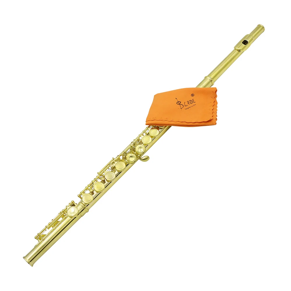 

16 Holes C Key Western Concert Flute Cupronickel Plated Woodwind Instrument with Cleaning Cloth Stick Gloves Mini Padded Case