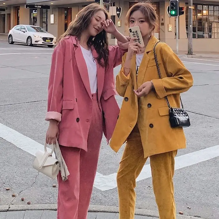 Heydress осенние однотонные женские элегантный Блейзер костюм офисные женские туфли двубортный пиджак женский вельветовый зубчатый комплект с карманами