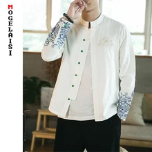 Новинка китайский стиль мужской рубашка свободное льняное хлопковое напульсник с вышивкой lotus белая рубашка мужской верх camisa masculina A103-H02