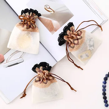 

Coffee Wave Design Lace Drawstring Bags Creative Small Mini Jewellery Bags Slub Yarn Wedding Favor Christmas Party Gift Bags