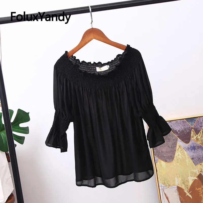

Slash Neck Blouses Black White Three Quarter Sleeve Blouse Shirt Korean Style Casual Women Chiffon Blouses Summer KKFY3917