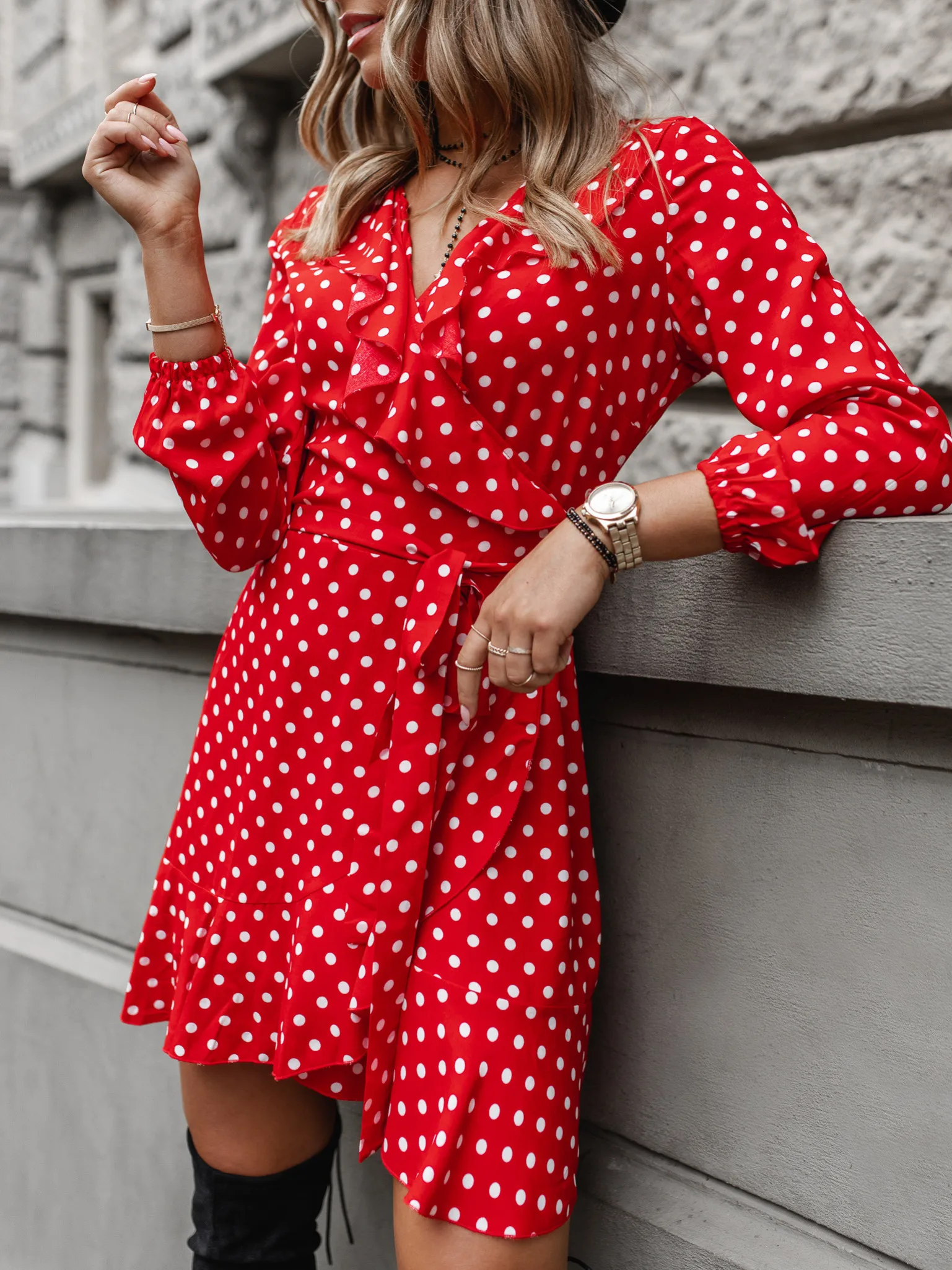 

Women Casual Polka Dot Ruffled A-line Party Dress Lantern Sleeve Deep V neck High Street Mini Dress 2021 Autumn Fashion Dress