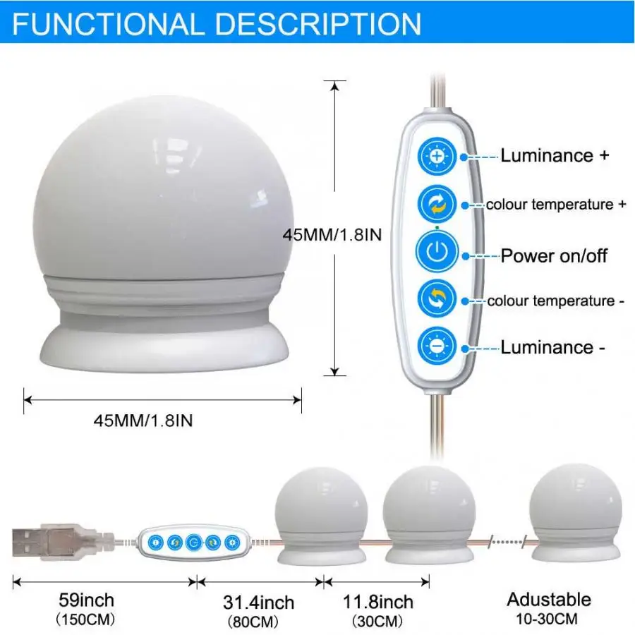 USB Vanity Lights LED Makeup Mirror Light Bulb Hollywood Vanity Lights Stepless Dimmable Wall Lamp Kit for Dressing Table Makeup