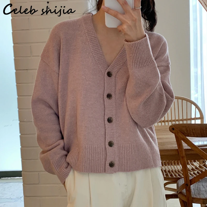 New Autumn Wool Cardigan Women Pink Single Breasted Open Sweater Female Fall 2021 V-neck Sweet Knit Cropped Winter |