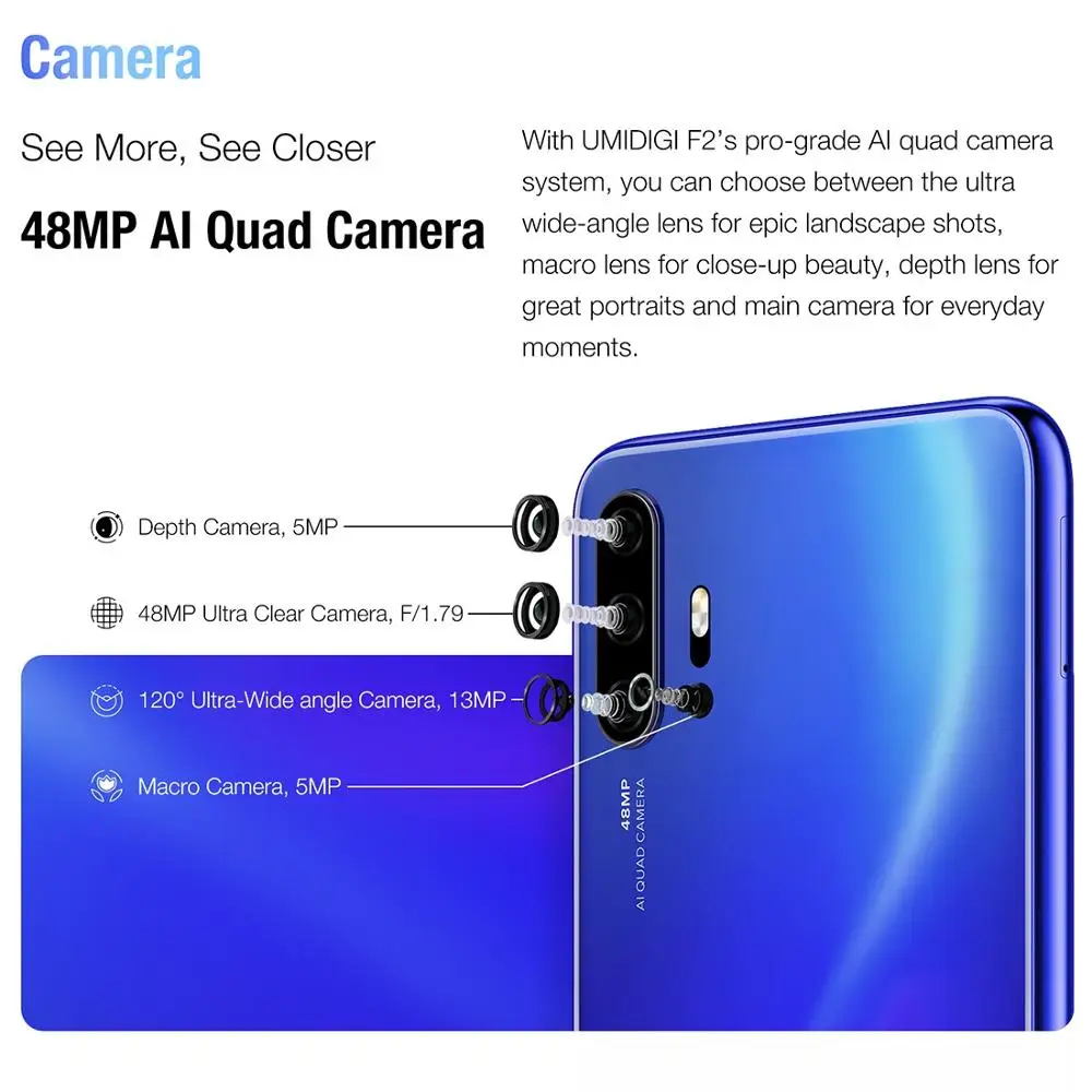UMIDIGI F2 Smartphone Android 10 Helio P70 48MP AI Quad Cameras 5150mAh 6GB RAM 128GB ROM 6.53