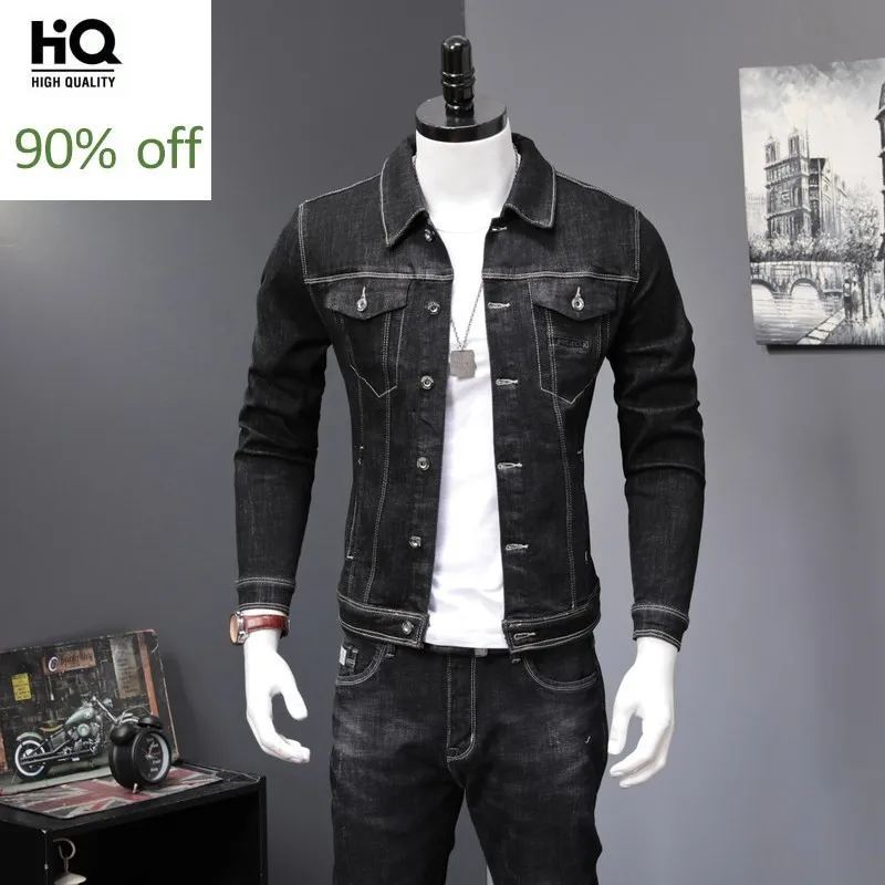 

Spring 2020 Black Denim Overalls Mens Two Piece Set Long Sleeve Letter Print Jean Jacket Zipper Jeans Fashions Biker Trousers