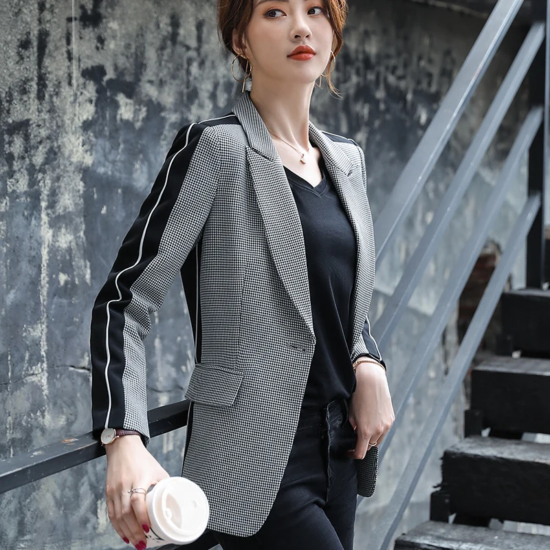 Lenshin, женский элегантный клетчатый пиджак с карманами, Блейзер, модный приталенный, с одной пуговицей, офисный женский пиджак контрастного цвета, верхняя одежда