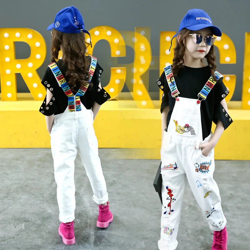

Girls Cowboy Suspender Pants 2018 Childrenswear Spring And Autumn New Style Korean-style Big Boy Graffiti Cowboy Trousers Child