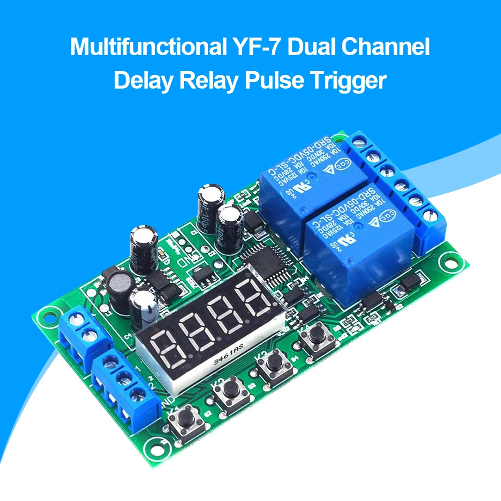 Yf-7 Multifunctional Dual Channel Delay Relay Module Board Pulse Trigger Cycle Timer 0.01s-999m Delay Time Adjustable 7-30v Dc