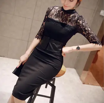 

2019 Autumn Black Lace Bodycon Dress Women Sexy Perspective Slim Split Bandage Dress Half Sleeve Ladies Dress