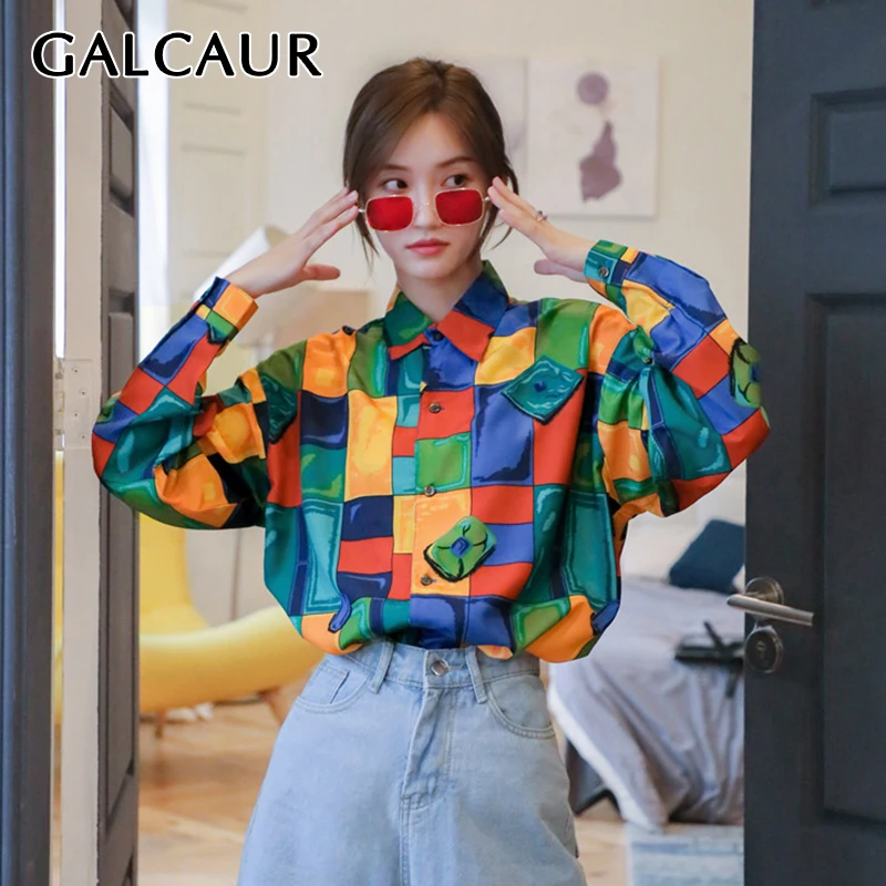 GALCAUR винтажный принт хит цвета женские рубашки с отворотом воротник фонарь