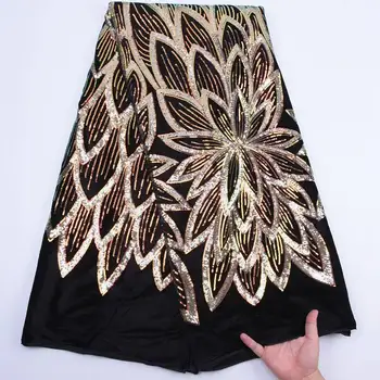 

African Velvet Lace Fabric High Quality Sequins Black Lace Fabric Golden Velvet Lace For Nigerian Evening Party Dress Sew S1766