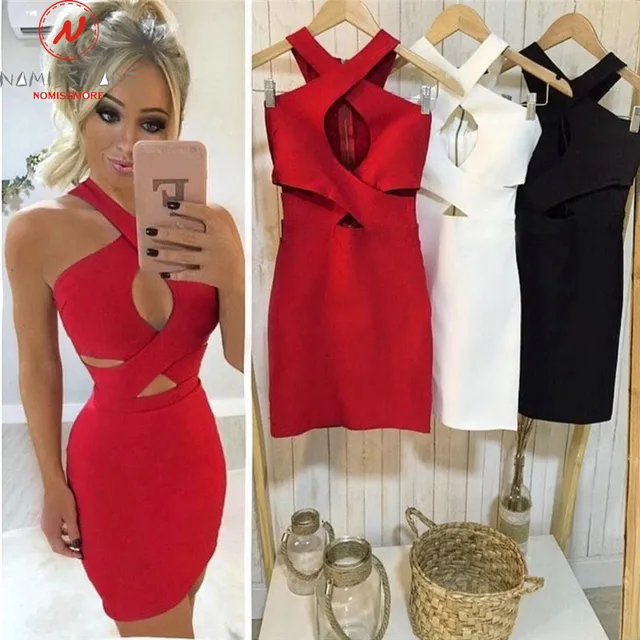 Sexy Women Summer Solid Color Pencil Dress for Party Night Club Hollow Out Design Halter Sleeveless V-Neck Slim Hips Mini Dress 1