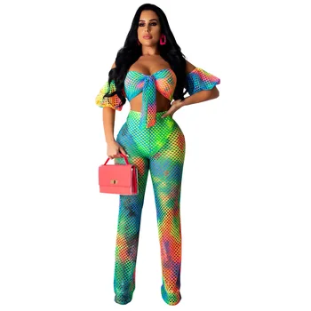 

Women's Sexy Halter 2 Piece Bikini Sets Sheer Mesh Ruffle Long Pants Set