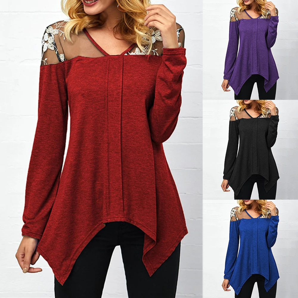 

2019 Casual Women's Loose T-shirts Solid Color V-Neck Tops Lace Shirt Long Sleeve Tee Top Plus Size Sexy Hot Ropa Mujer