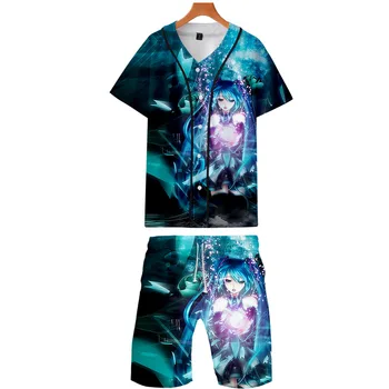 

2019 Hatsune Miku two piece set jackets and shorts Kpop Fashion new cool print Hatsune Miku baseball jacket for men streetwear