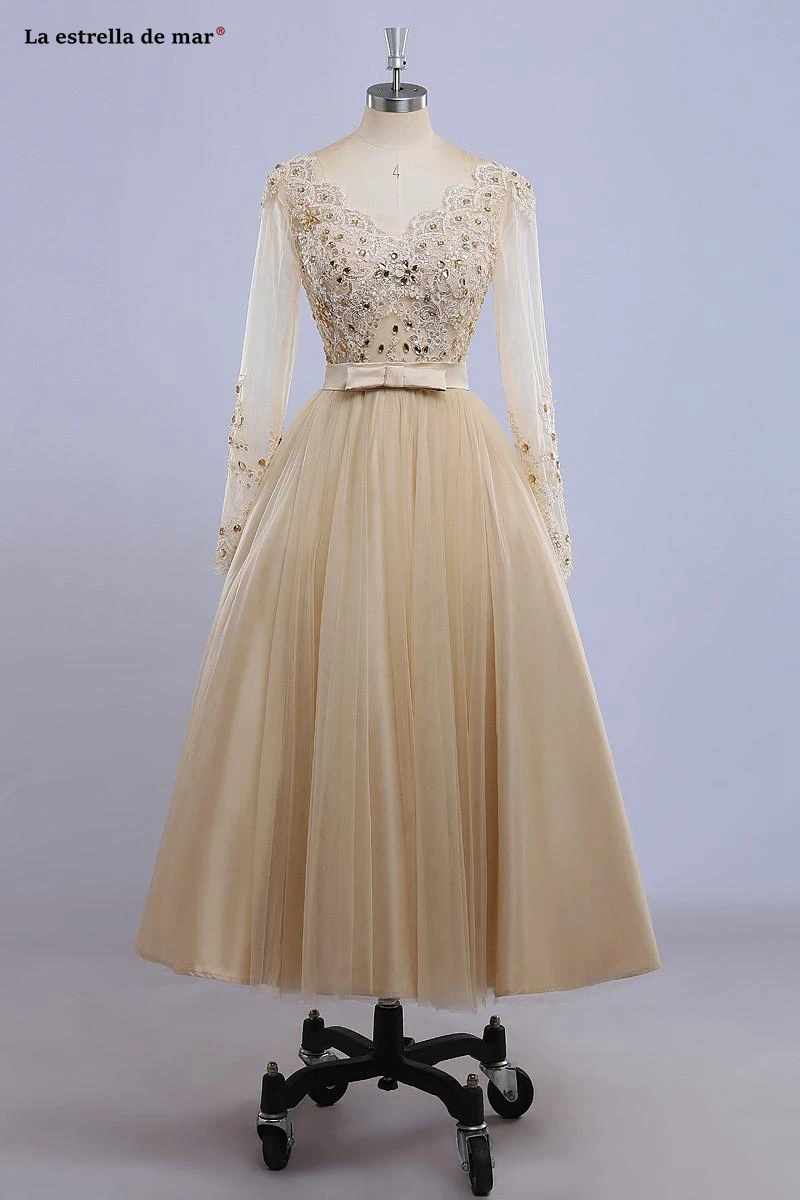 sukienki na wesele damskie tulle beaded long sleeve A Line champagne bridesmaid dress Tea Length vestido boda mujer invitada