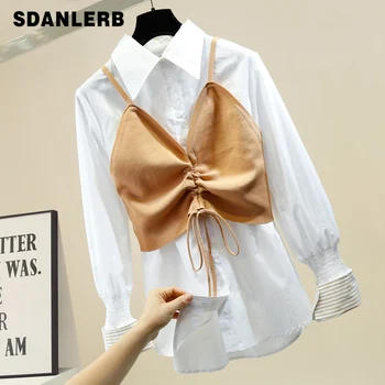 

Two-Piece Midi Length Shirt Women Temperament Loose Single Breasted White Lapel Blouse + Sling Top Ladies Blusas Femme