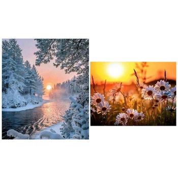 

2 Set Diy Diamond Painting Diamond Cross Stitch Home Decoration Gift - Winter Pattern & Daisy Pattern