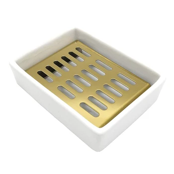 

AFBC Ceramic Soap Dish Stainless Steel Soap Holder For Bathroom And Shower Double Layer Draining Soap Box (White+Gold)