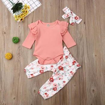 

New Autumn Newborn Baby Girl Clothes Fly Sleeve Knitting Romper +Flower Print Long Pants +Headband 3Pcs Outfits Clothes