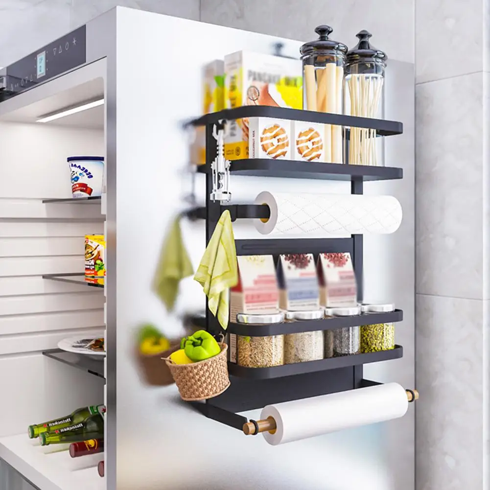 Kitchen Rack Fridge Magnetic Organizer Paper Towel Holder Rustproof Spice Jars Rack Refrigerator Shelf With 5 Removable Hooks