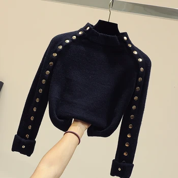 

Half Turtleneck thick short Sweater women Modis long Sleeve buttons decoration Pullover Korean basic sweaters 2019 new arrival