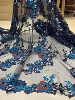 

(5yards/pc) High quality embroidered African French net lace fabric with beads and stones for party dress FLV115