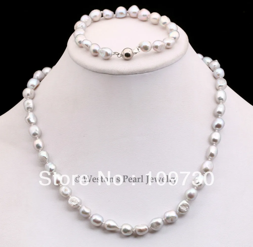 DYY Jewelry 00215 10MM LARGE 17&quot 7.5&quotGRAY BAROQUE CULTURED FRESHWATER PEARL NECKLACE BRACELET SET (A0423) | Украшения и