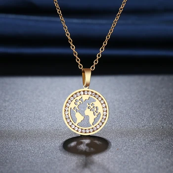 

CACANA 316L stainless steel World Map Necklace NEW Crystal Rhinestone Necklaces For Women Wedding Valentine's Day Gifts