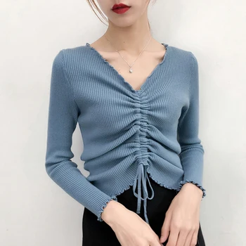 

Sexy V Neck Ruffles Lace Up Knitted Sweaters Women Autumn Ribbed Long Sleeve Solid Navel Bare Tops Autumn Knitwear Jumper Tops
