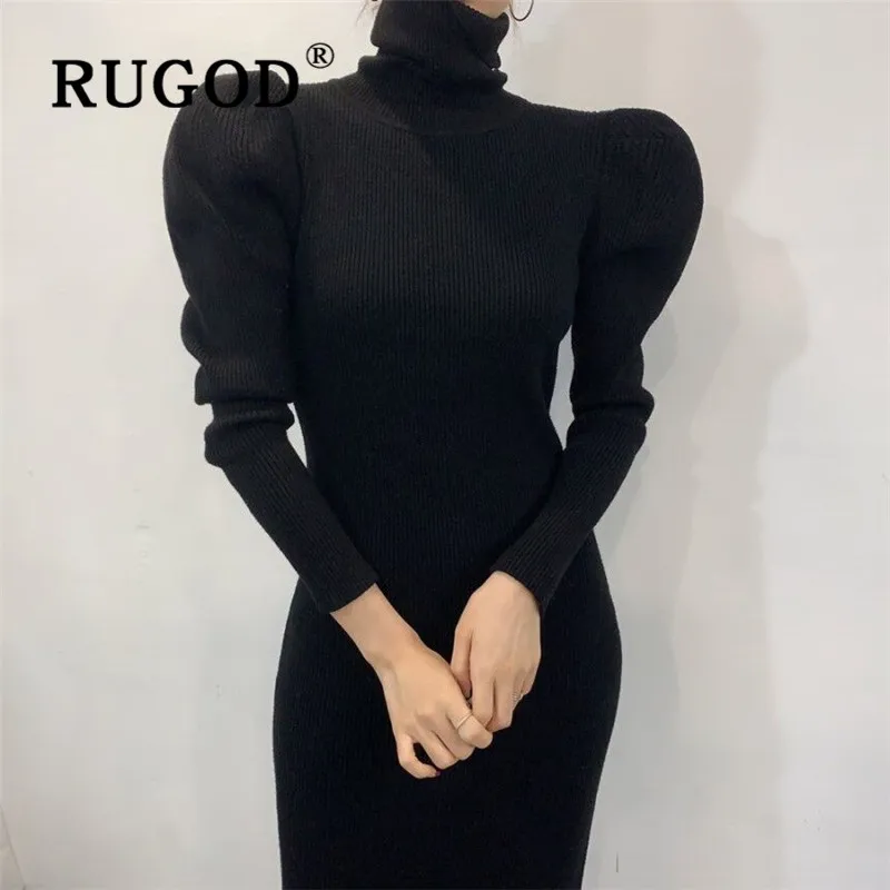 RUGOD, женское сексуальное винтажное длинное платье, однотонная водолазка с пышными рукавами, тонкое трикотажное платье, новое осеннее модное элегантное женское теплое платье