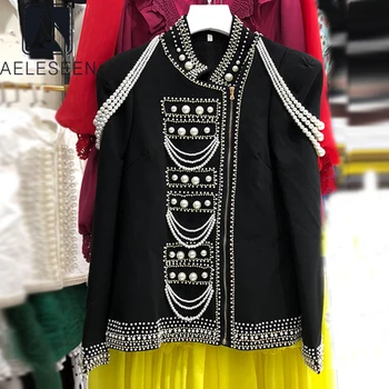 

AELESEEN New Fashion Elegant Jackets Luxury Pearls Zipper Female Black White Vintage Outwear Women's Coat High Quality Jacket