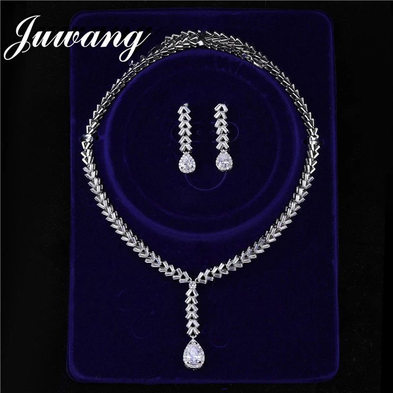 JUWANG Дубай ювелирные наборы для женщин бренд высокого качества AAA Цирконий свадебное ожерелье набор невесты ювелирные изделия серьги с камнями - Окраска металла: JS18120132