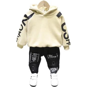 

2PCS WLG boys winter clothing set kids velvet letter beige hoodie and ripped thick jean set baby boy warm fashion clothes 2-6T