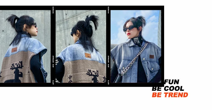 QING MO Blue Women Denim Vest Spring Women Knitted Patchwork Vest With Sahes Female Single Breasted Loose Vest ZQY2689